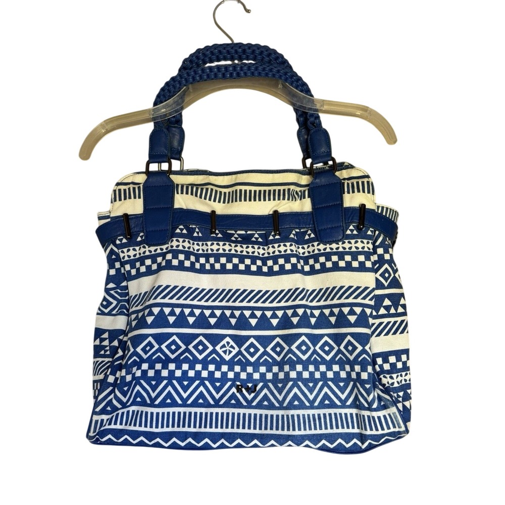 R+J Blue White Geometric Print Canvas‎ Leather Trim Tote Bag Women's